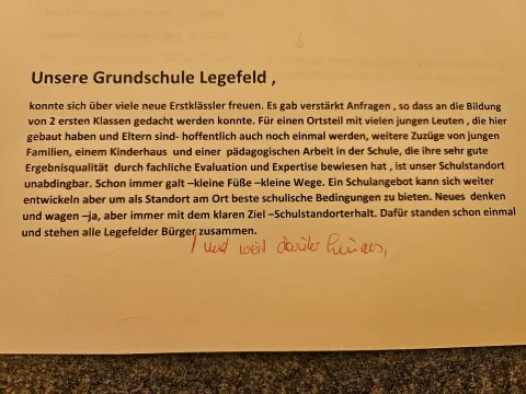 Beitrag zum Erhalt der Grundschule Legefeld im Wortlaut