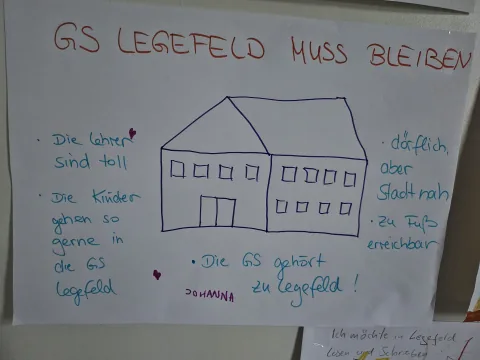 Kinderzeichnung mit der Aufschrift Grundschule Legefeld muss bleiben