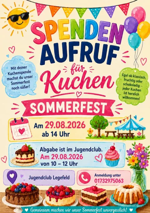 Aufruf des Jugendclubs Legefeld zu Kuchenspenden für das Sommerfest am 29. August 2026